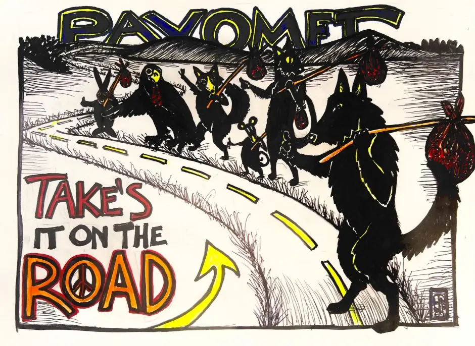 Animals hitchhiking with text that says "Payomet takes it on the road"